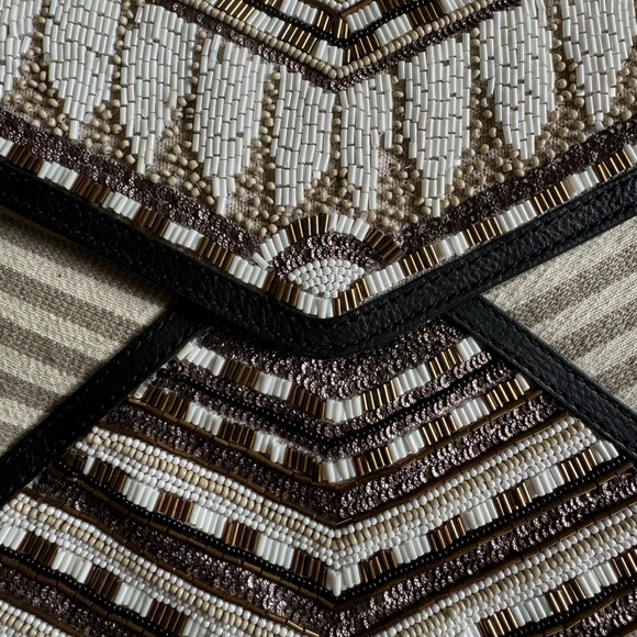 Rebecca Minkoff Leo Beaded Embroidered Envelope Clutch Black and Neutral Tones - Picture 5 of 10